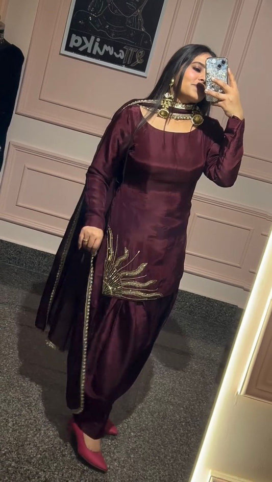 Natural Crep Silk Drak Wine Salwar Suit Full Stiched