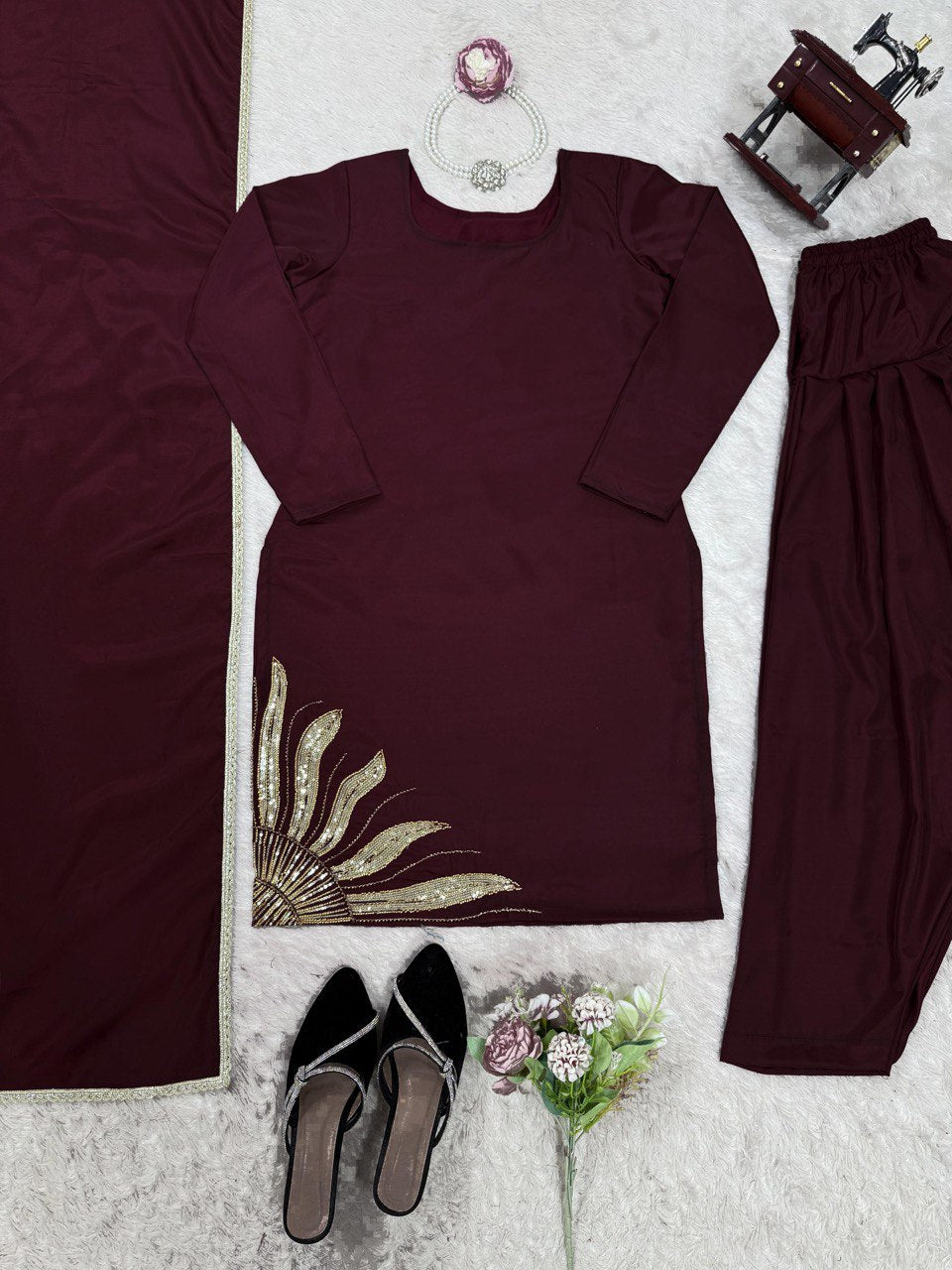 Natural Crep Silk Drak Wine Salwar Suit Full Stiched