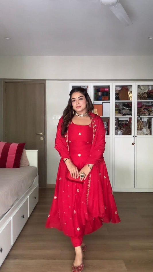Foux Georgette Beads With Moti Work  Red Colour Wedding Wear Dress