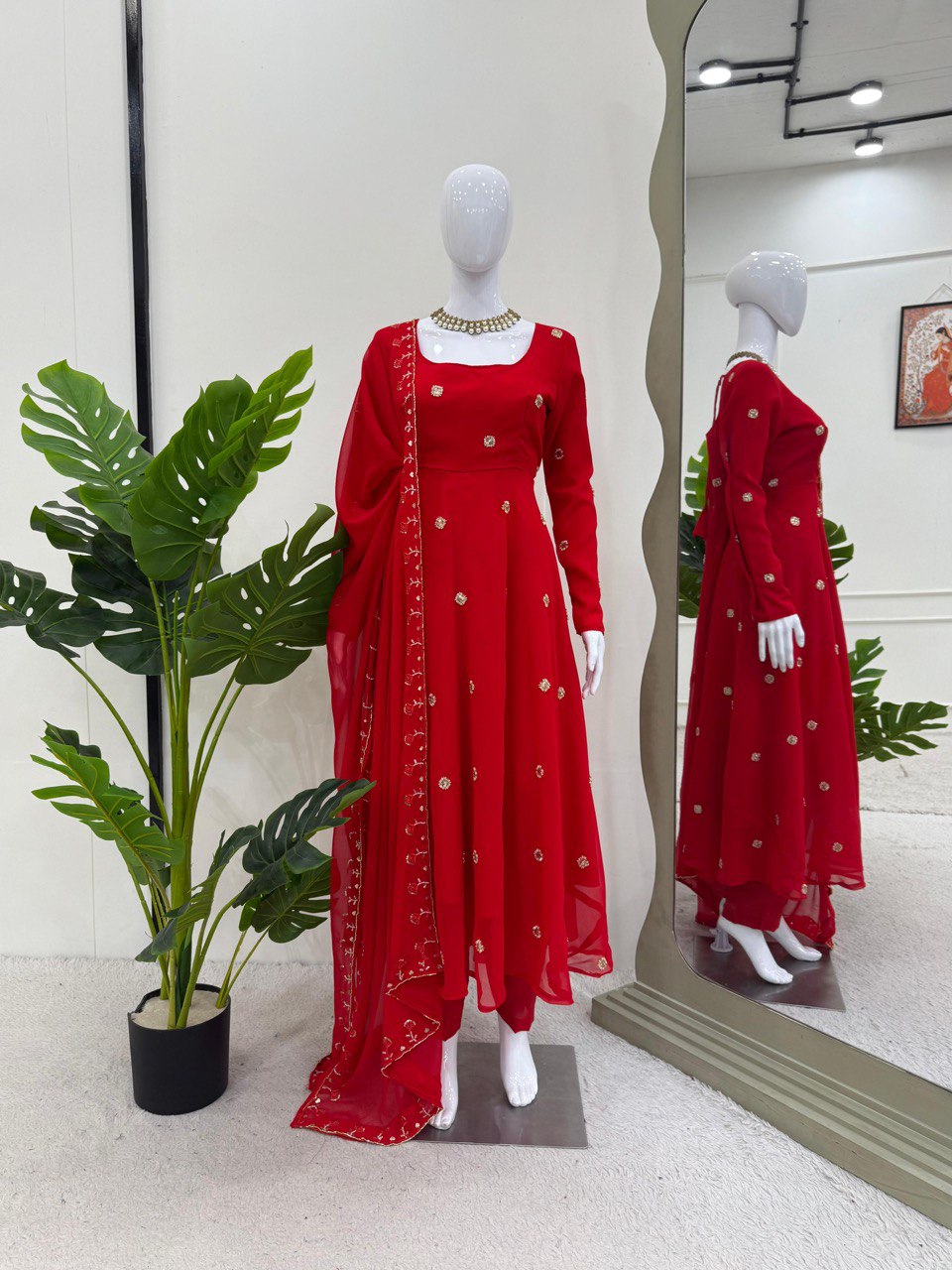Foux Georgette Beads With Moti Work  Red Colour Wedding Wear Dress
