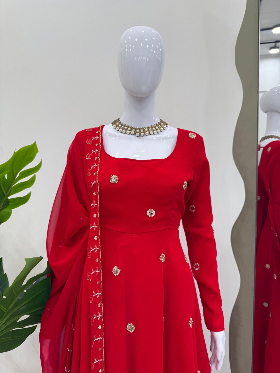 Foux Georgette Beads With Moti Work  Red Colour Wedding Wear Dress