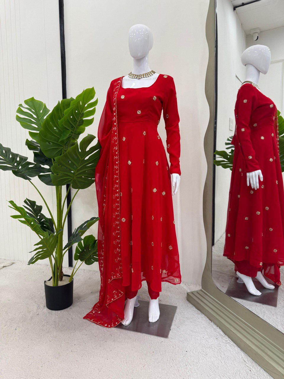 Foux Georgette Beads With Moti Work  Red Colour Wedding Wear Dress