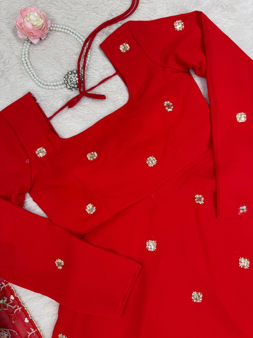 Foux Georgette Beads With Moti Work  Red Colour Wedding Wear Dress
