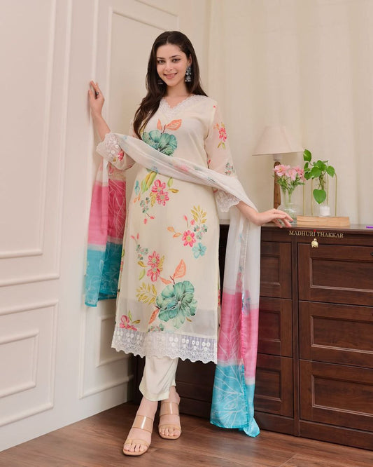 Digital Print With Full Handwork Off White Colour 3 Pise