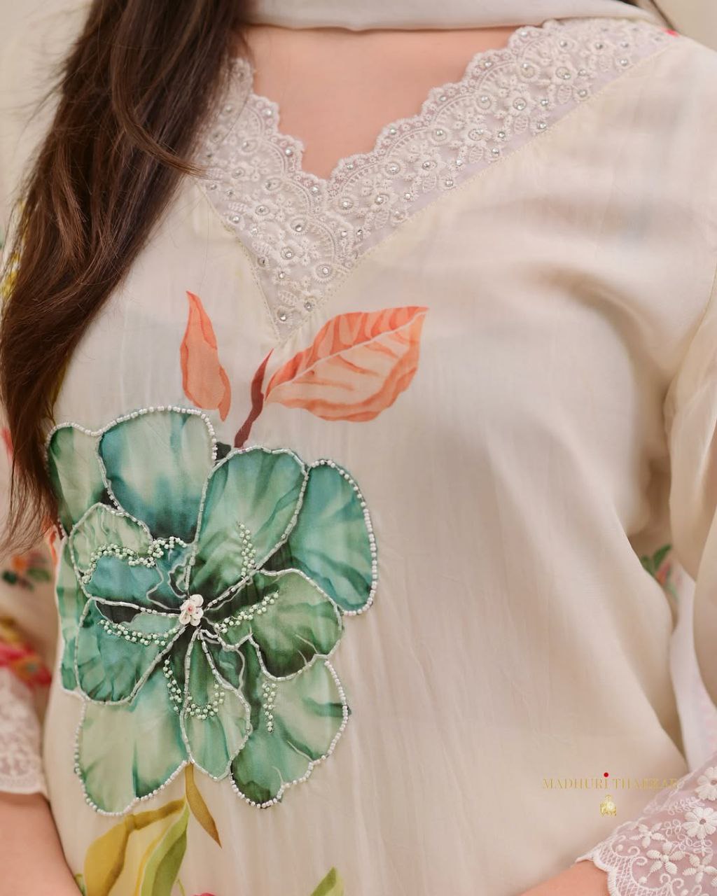 Digital Print With Full Handwork Off White Colour 3 Pise