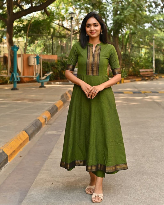 Pure Chanderi And Zari Jequard Work Mehendi Green Colour Dress