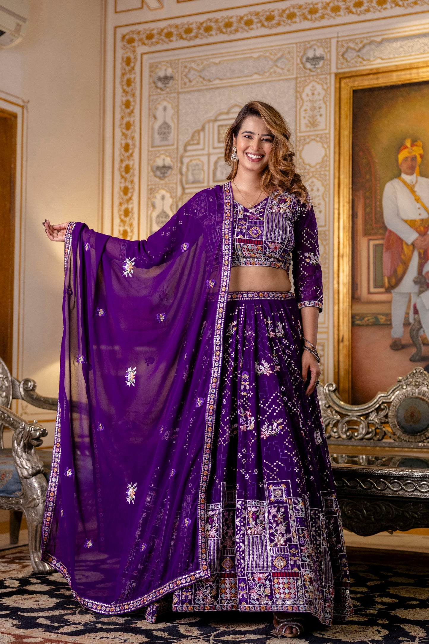 Purple Georgette Heavy Thread Sequins Work Lehenga Choli
