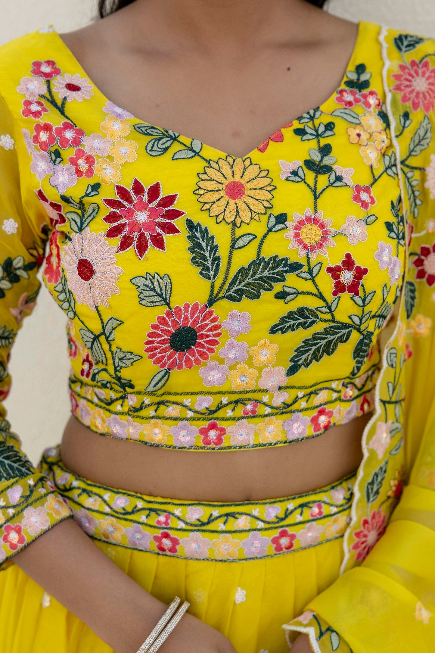 Lemon Yellow Colour Organza Heavy Floral Thread Sequins Wrok Lehenga Choli