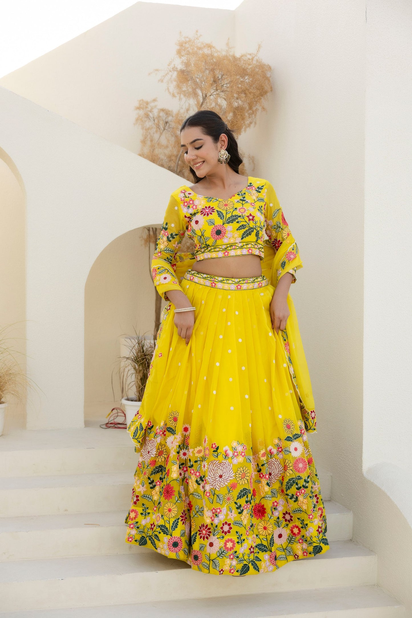 Lemon Yellow Colour Organza Heavy Floral Thread Sequins Wrok Lehenga Choli