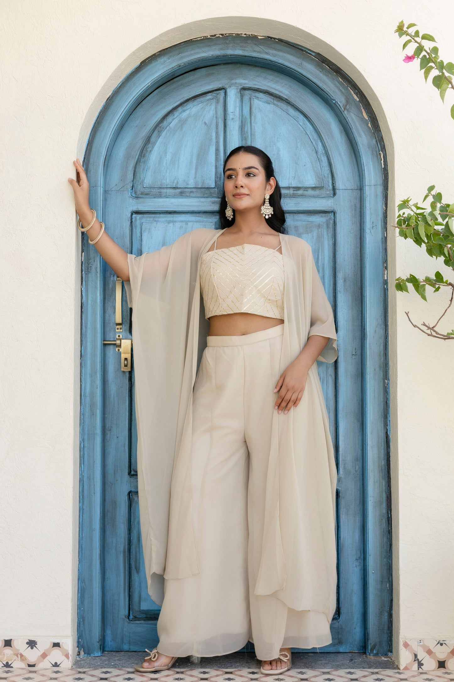 Fully Stiched Alluring Off White Colour Plazzo Set With Shrug