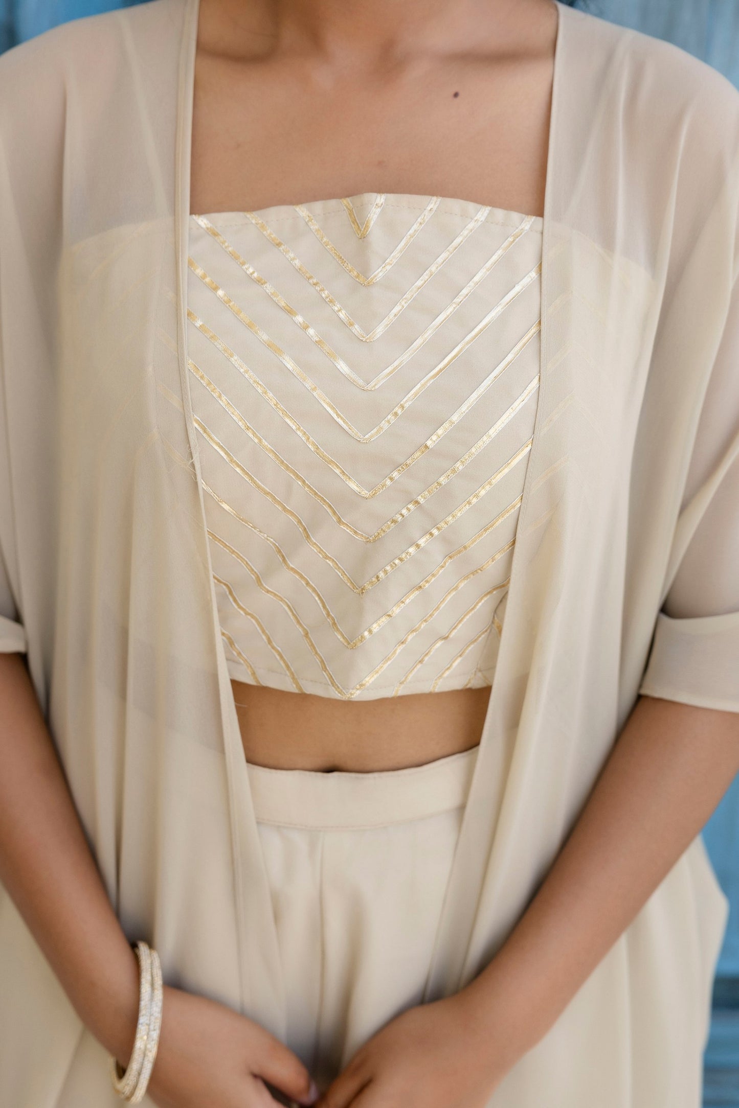 Fully Stiched Alluring Off White Colour Plazzo Set With Shrug
