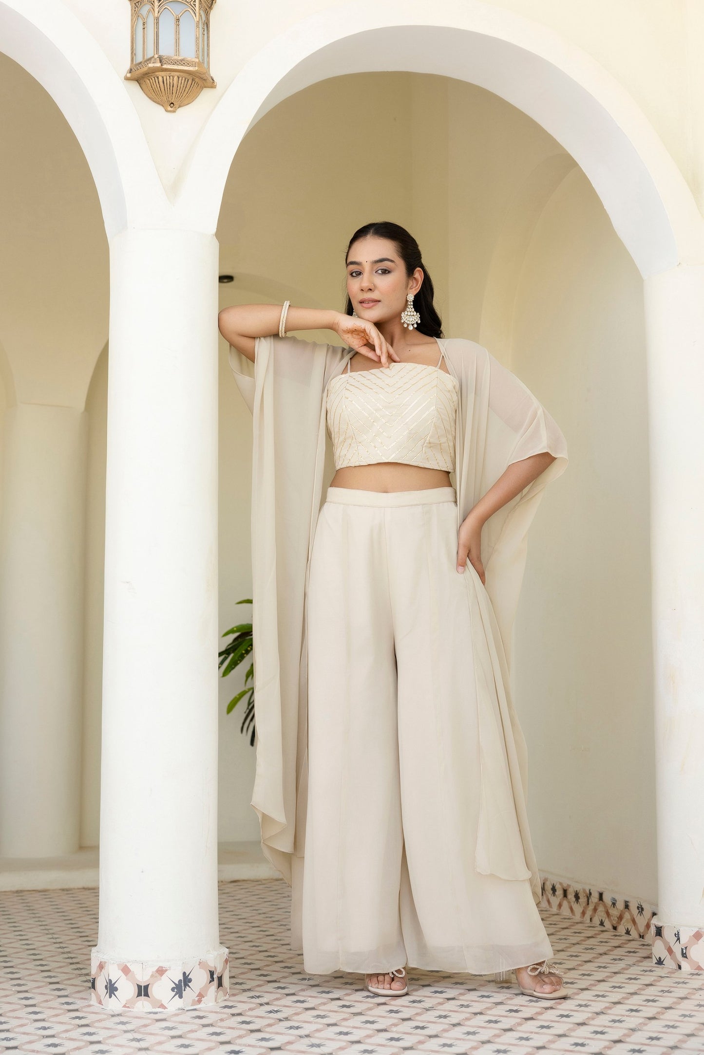 Fully Stiched Alluring Off White Colour Plazzo Set With Shrug