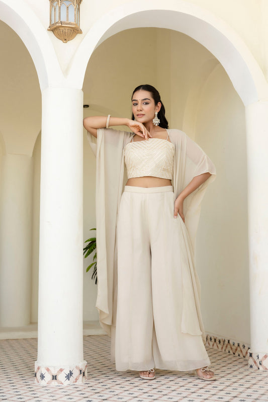 Fully Stiched Alluring Off White Colour Plazzo Set With Shrug