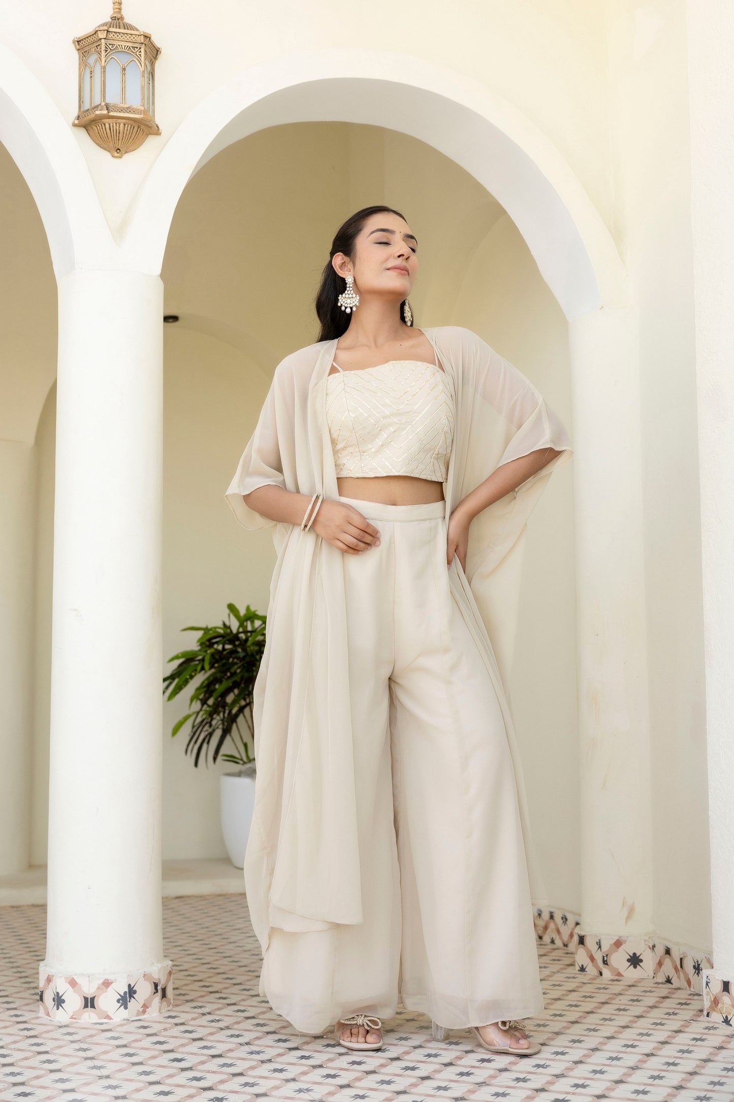 Fully Stiched Alluring Off White Colour Plazzo Set With Shrug