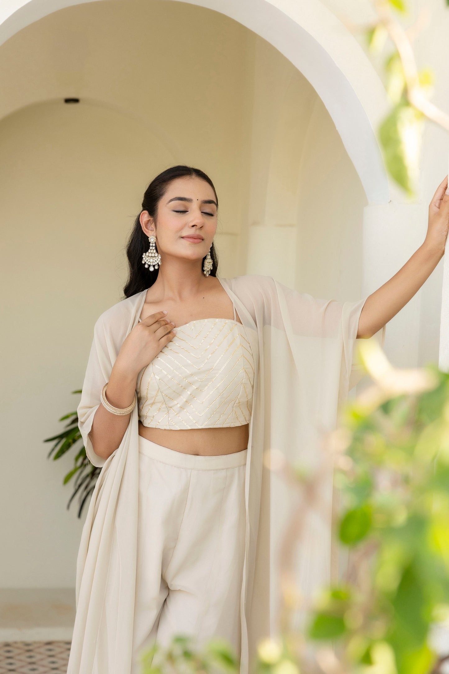 Fully Stiched Alluring Off White Colour Plazzo Set With Shrug