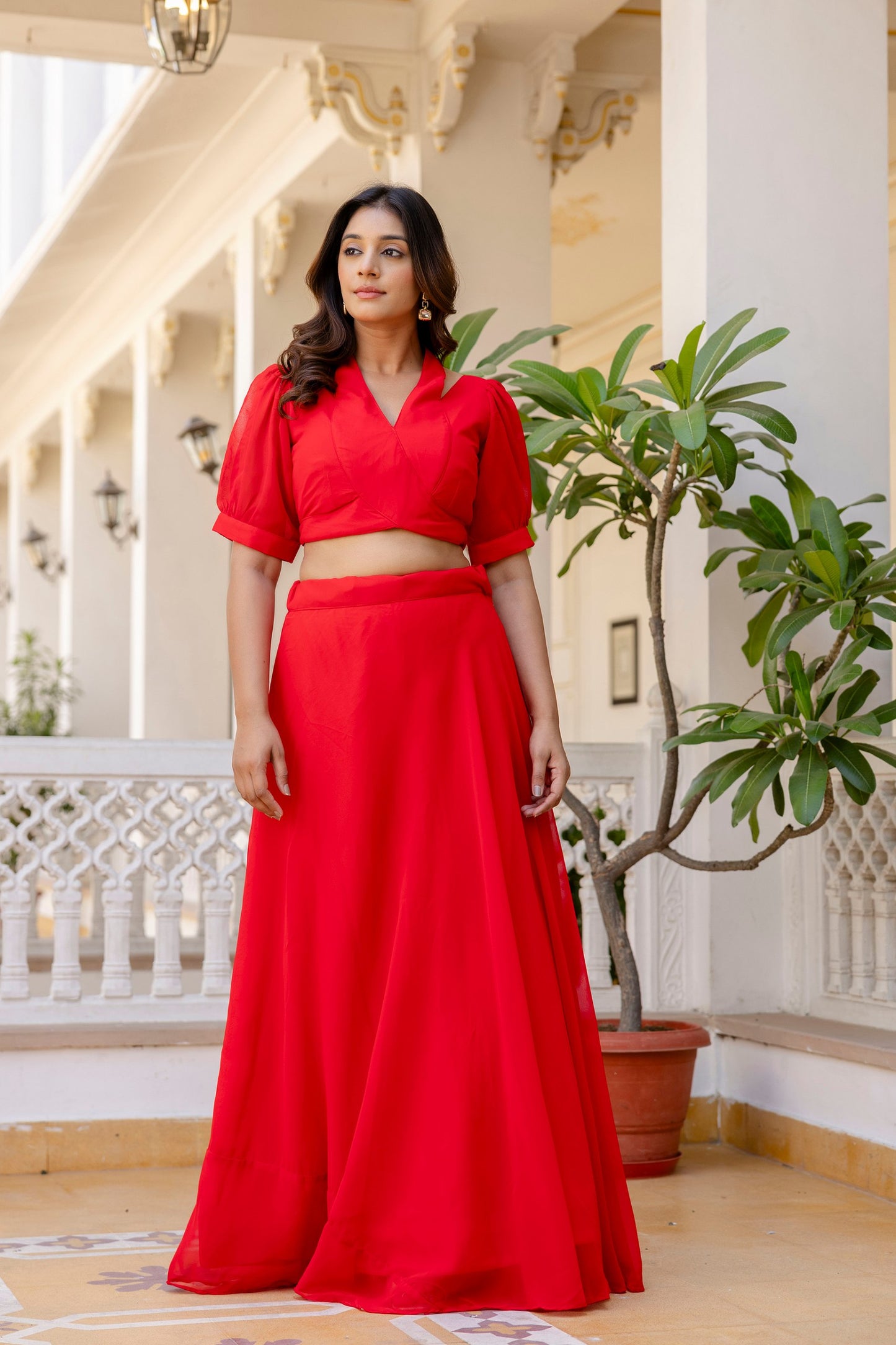 Red Color Fully Stiched Trendy Western Crop Top Lehenga