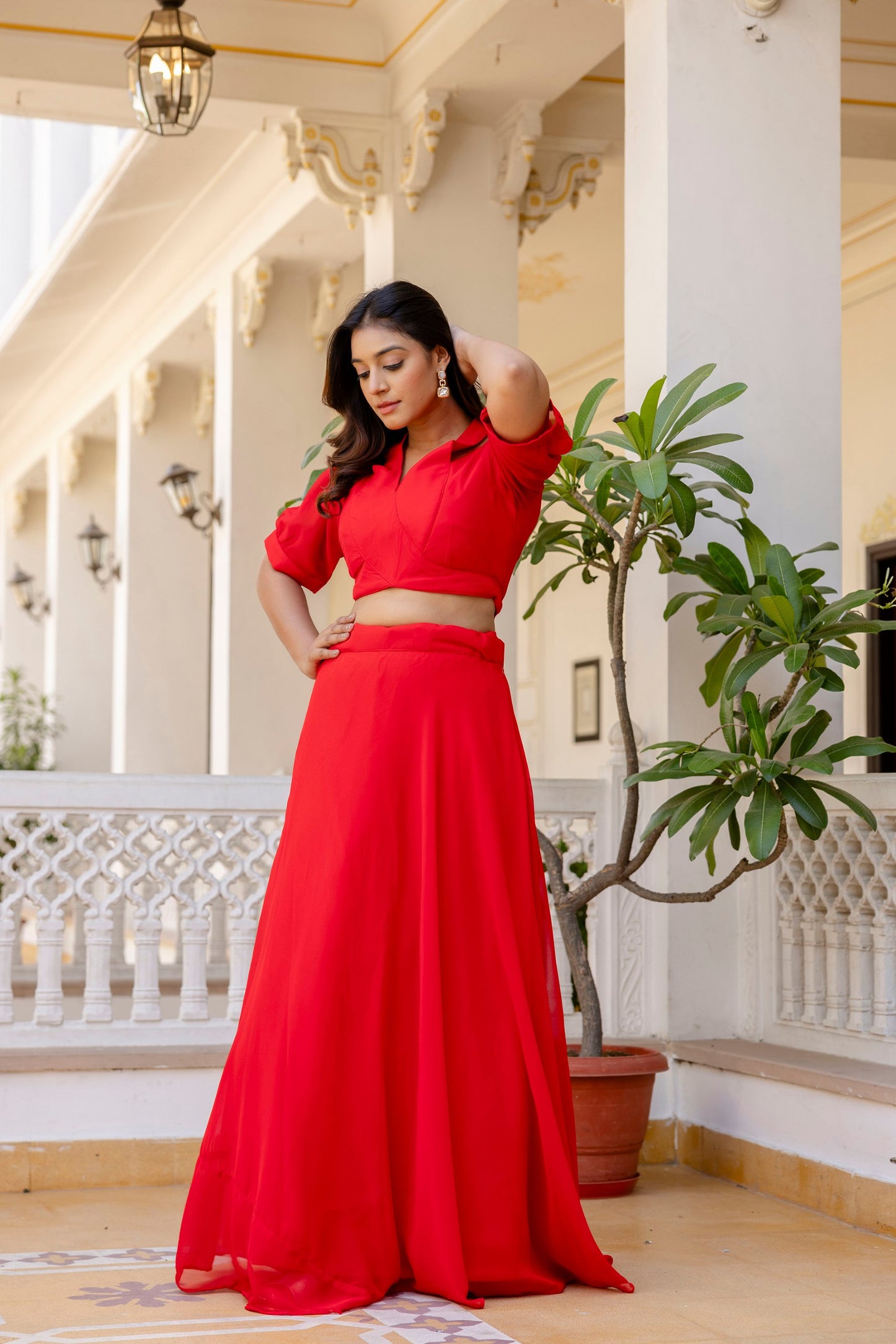 Red Color Fully Stiched Trendy Western Crop Top Lehenga