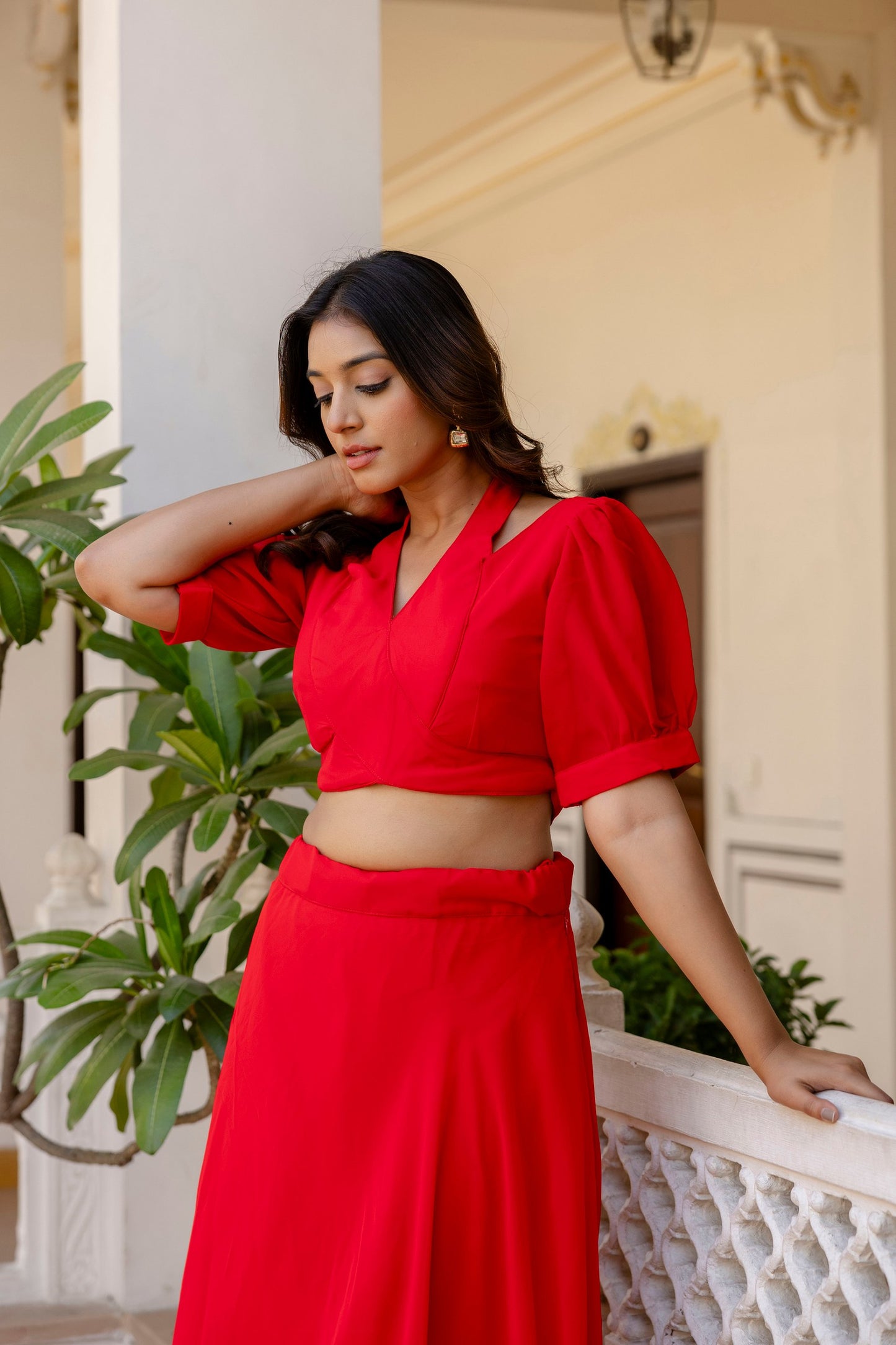 Red Color Fully Stiched Trendy Western Crop Top Lehenga