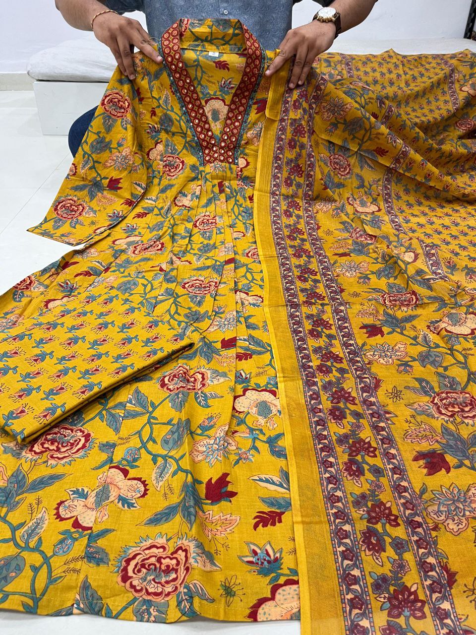 Yellow Aaliya Cut Printed Embroidary Worked Suit