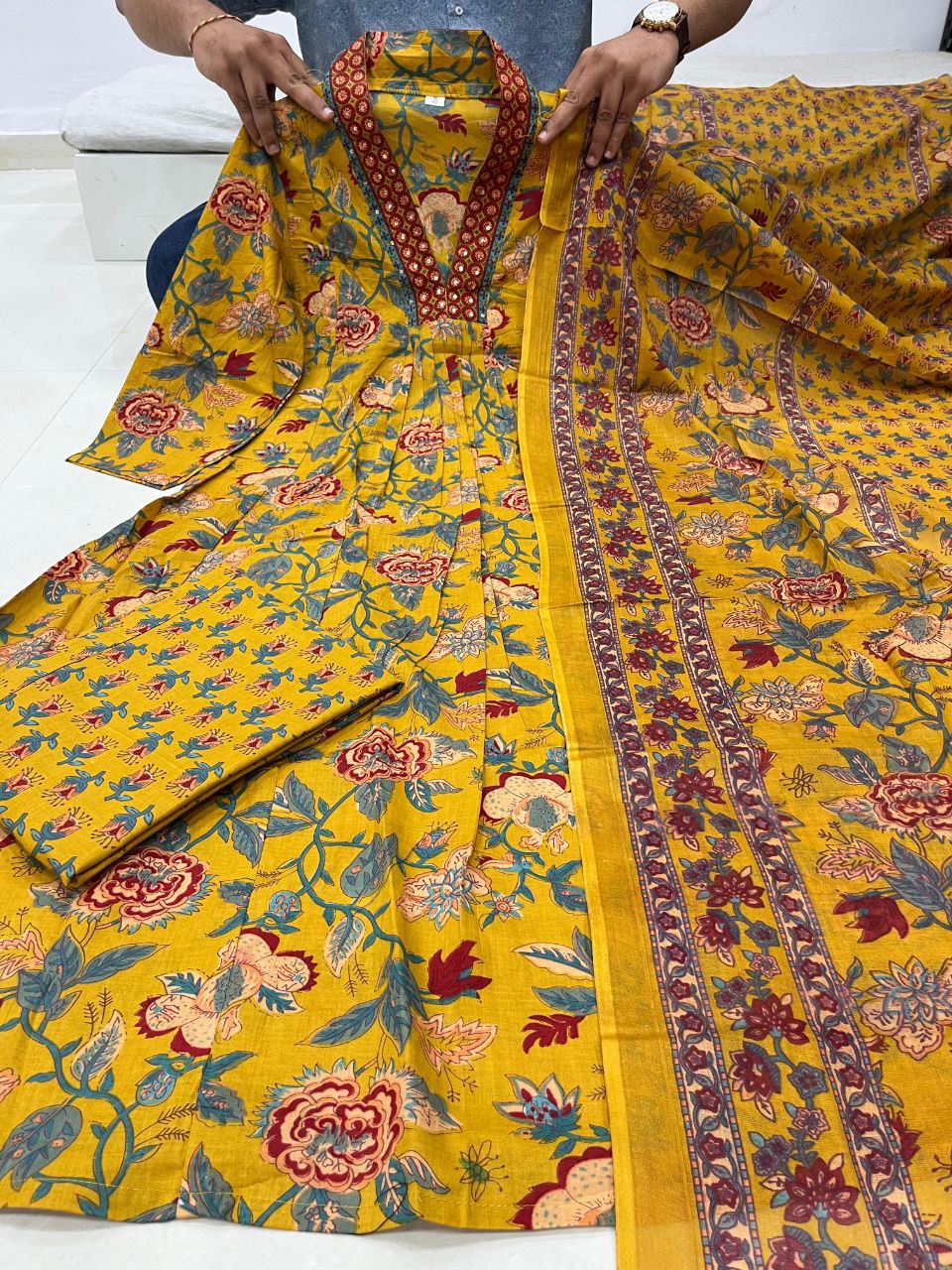 Yellow Aaliya Cut Printed Embroidary Worked Suit