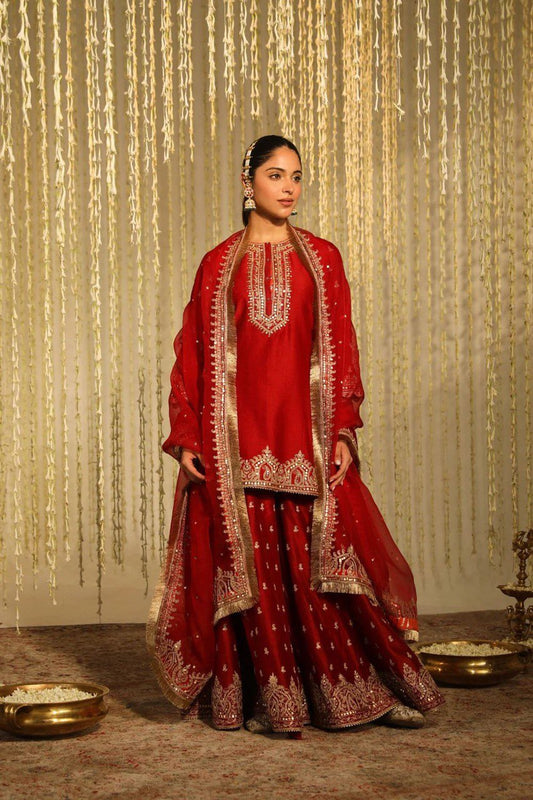 Red Colour Chinon Silk Lehenga Top With Duptta Heavy Border