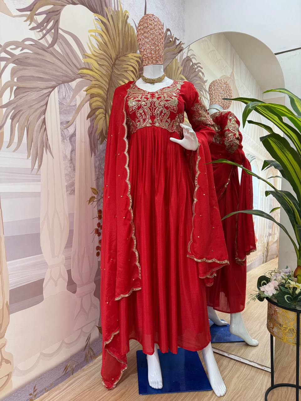 Red Colour Chinon Silk Embroidary Worked Beautiful Gown