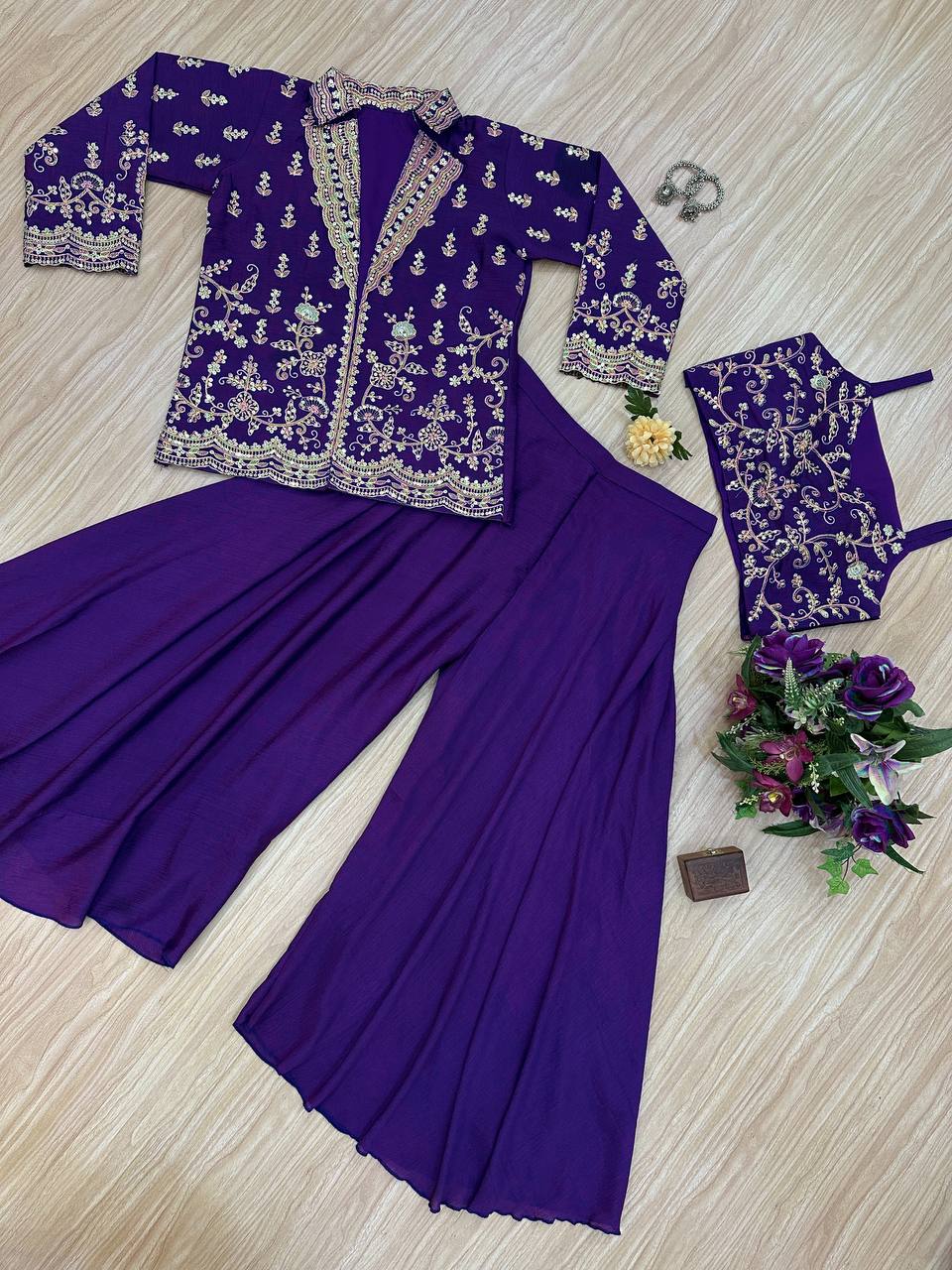 Stylish Plazzo Suit With Fully Embroidered Koti & Choli