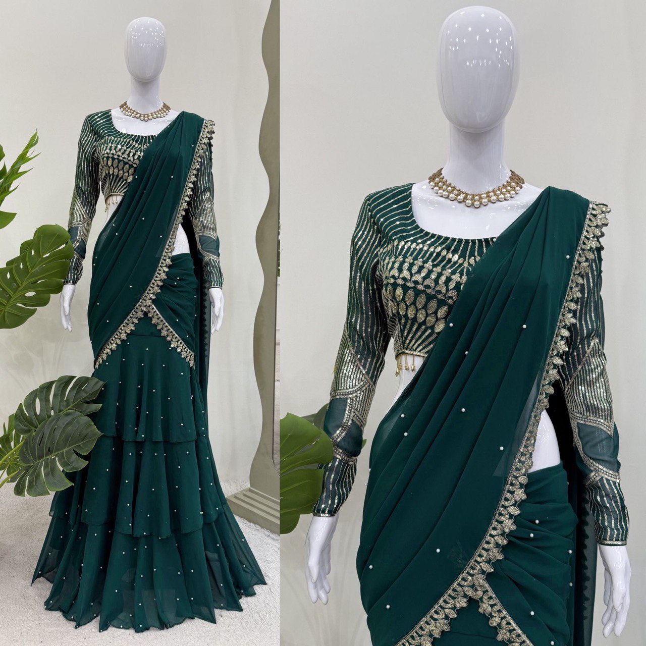 Dark Green Foux Gorgette Lehenga Saree