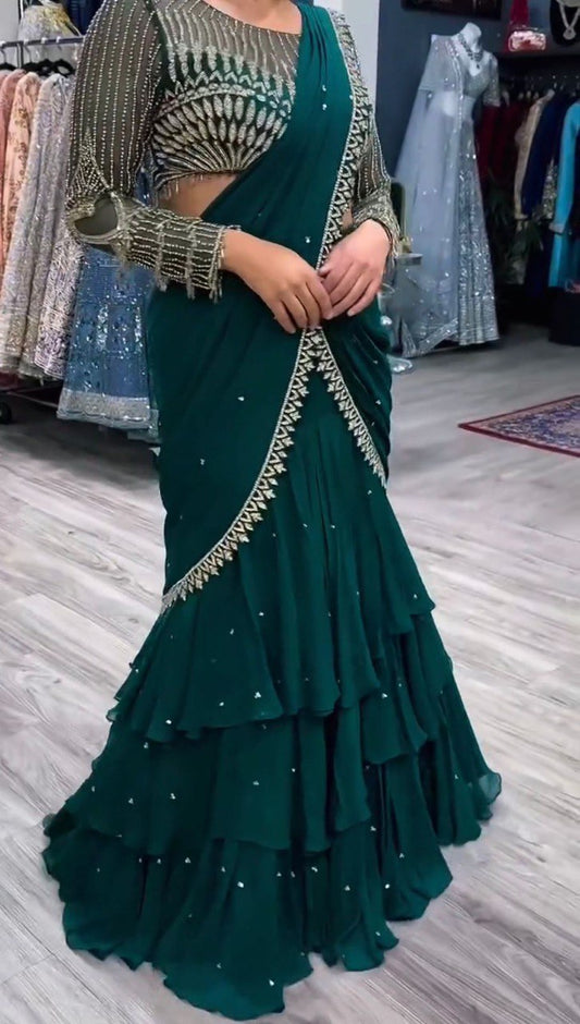 Dark Green Foux Gorgette Lehenga Saree
