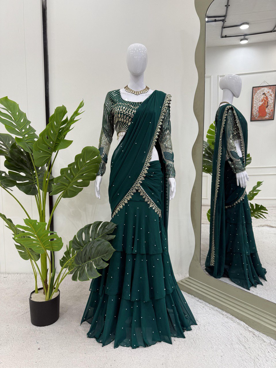 Dark Green Foux Gorgette Lehenga Saree