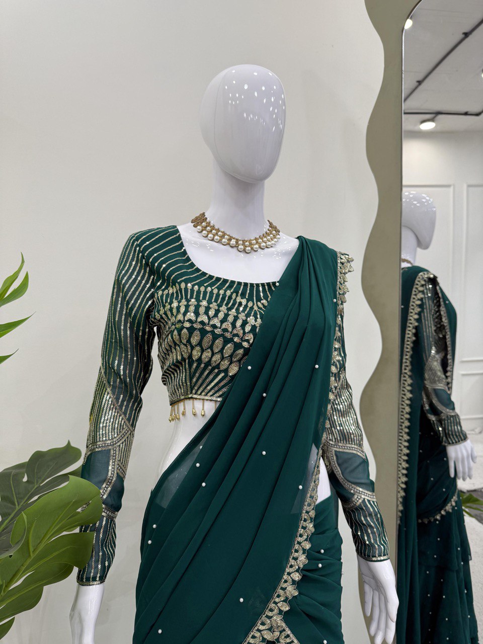 Dark Green Foux Gorgette Lehenga Saree