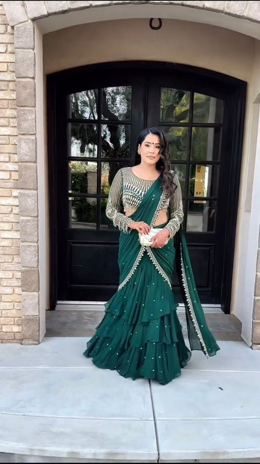 Dark Green Foux Gorgette Lehenga Saree