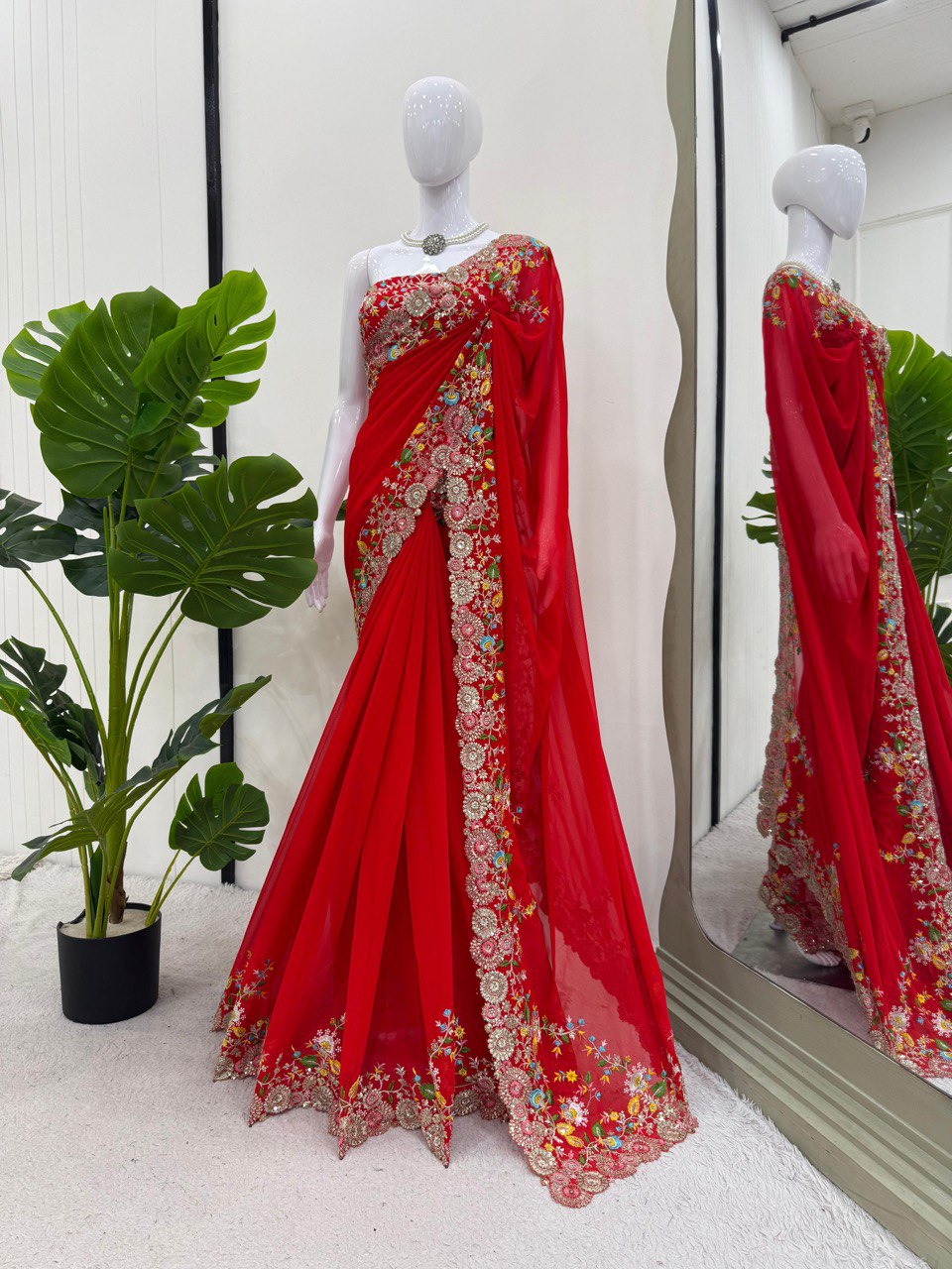Charming Red Colour Faux Georgette Saree
