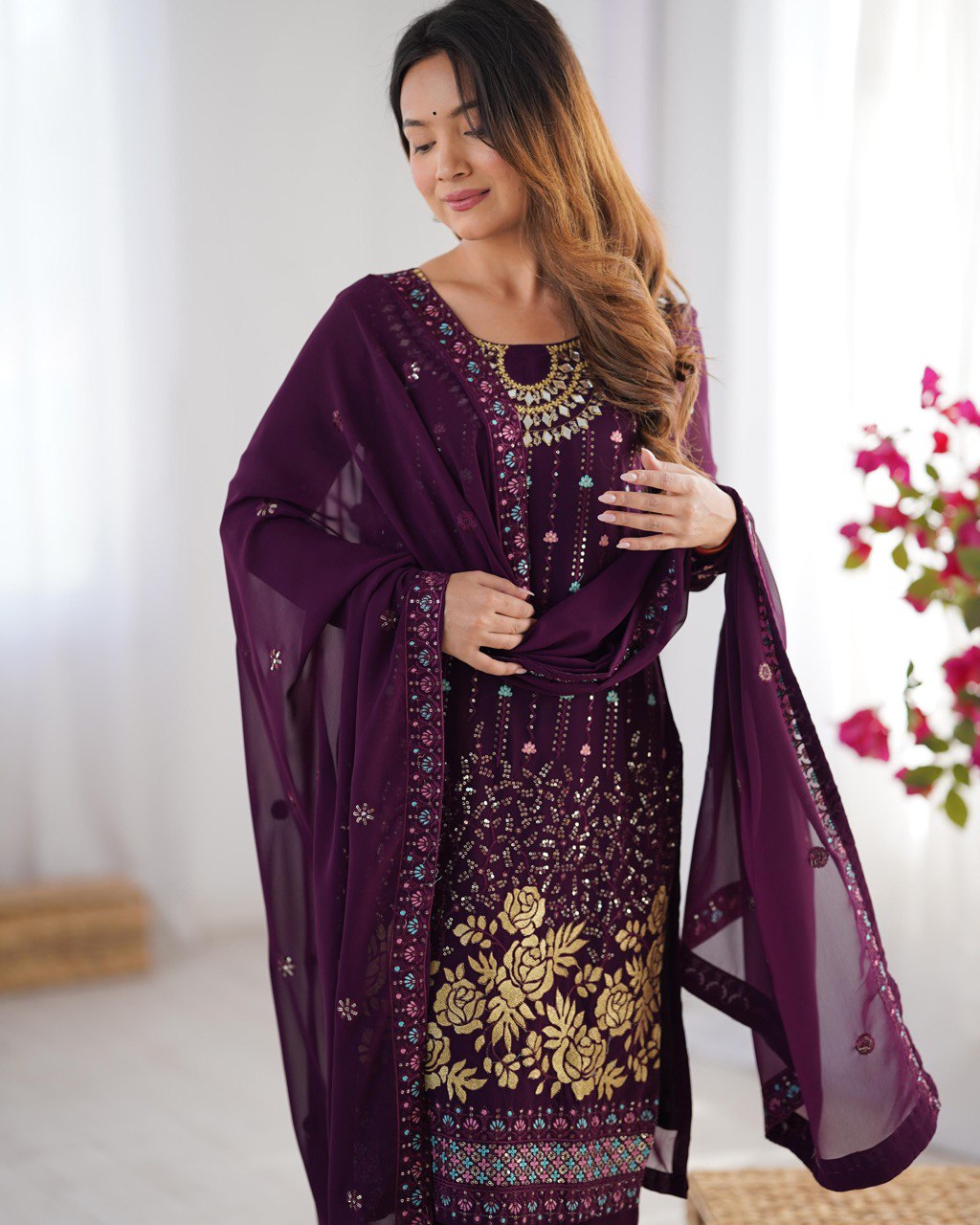 Heavy Georgette Embroidary Worked Straight Cut Suit