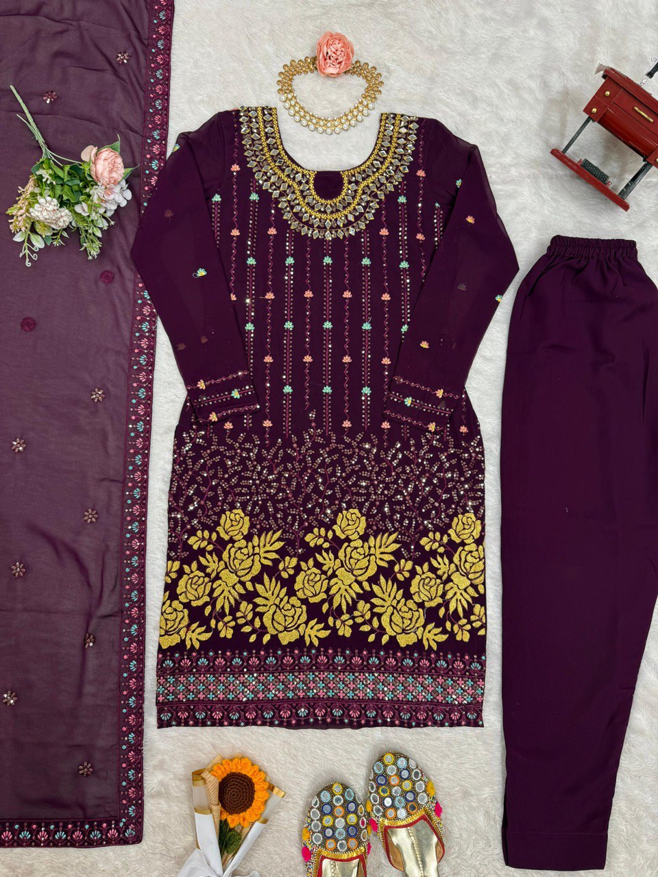 Heavy Georgette Embroidary Worked Straight Cut Suit