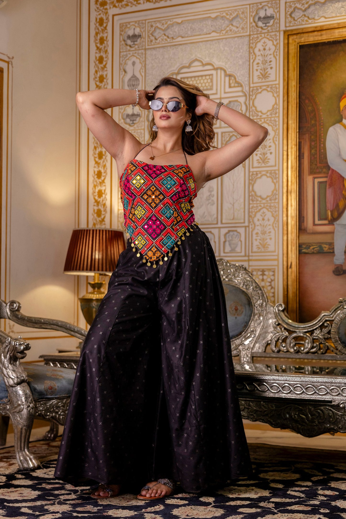 Black Embroidered Top With Pure Butti Flairy Palazzo Set Outfite