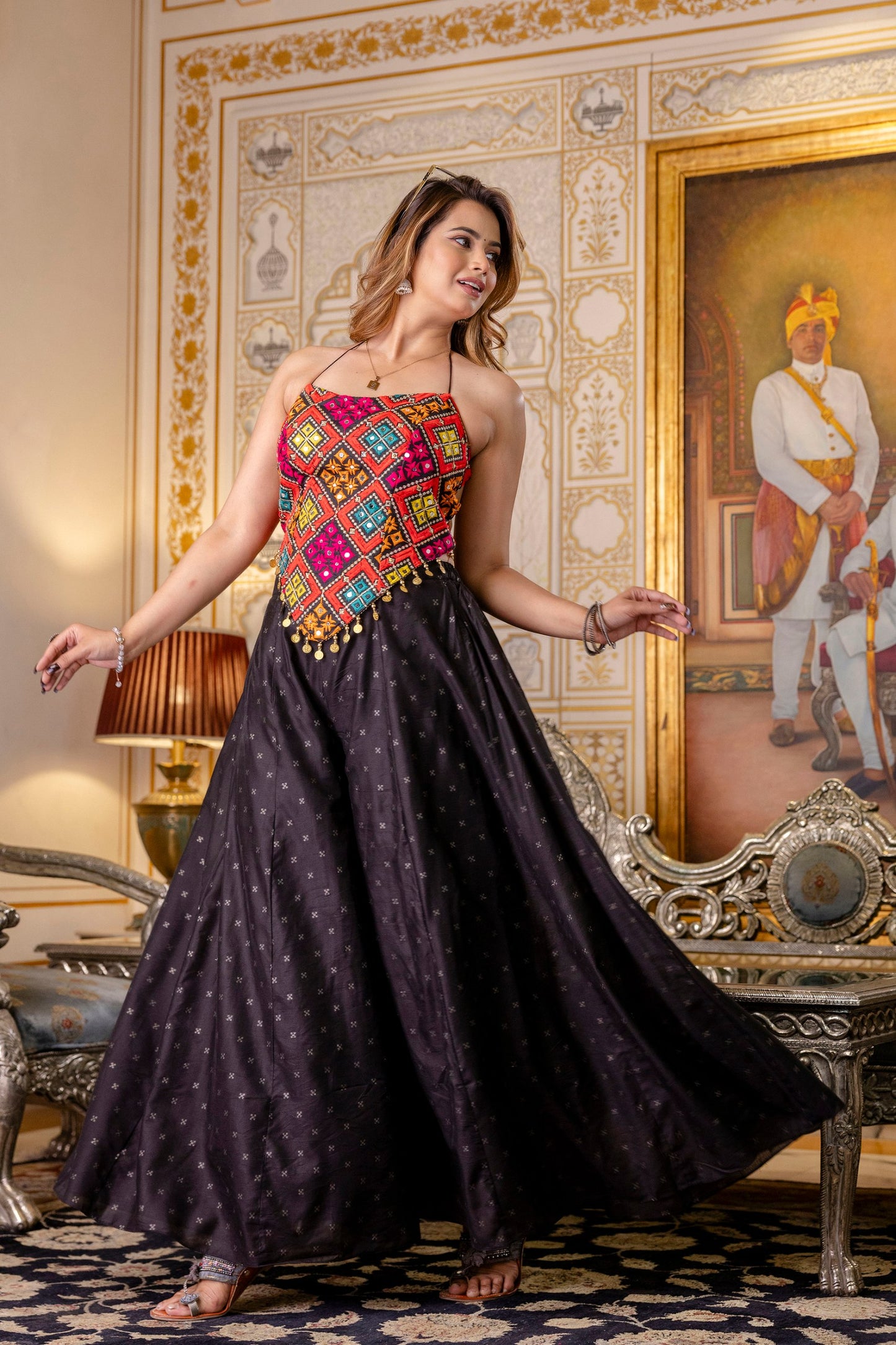 Black Embroidered Top With Pure Butti Flairy Palazzo Set Outfite
