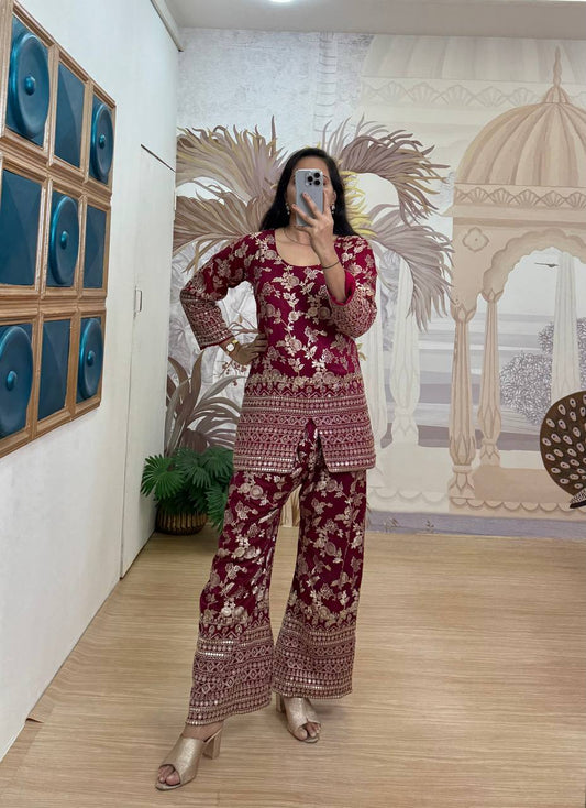 Co-ord Set With Full Embroidery Work On Dola Silk Weaving Fabric