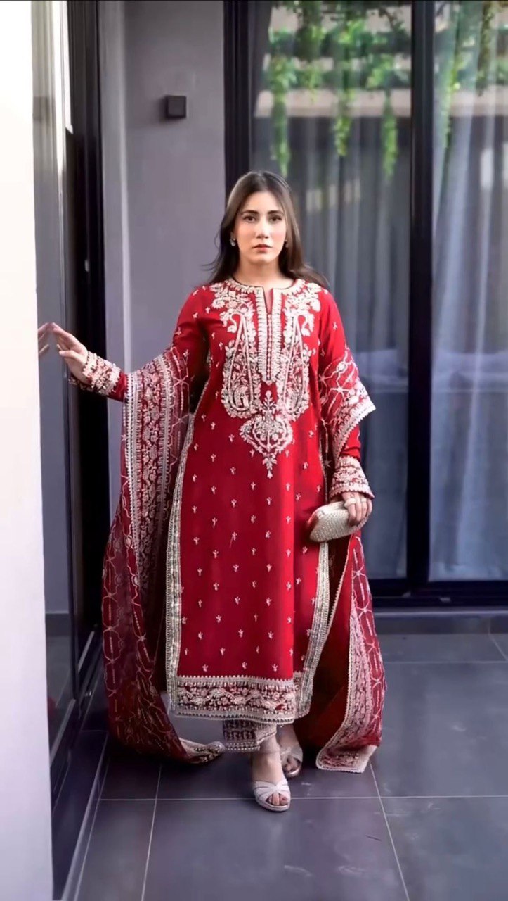 Red Colour Roman Silk Plazo Suit With Dupatta