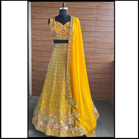 Yellow Designer Embroidary Sequence Worked Lehenga For Haldi Ceremony