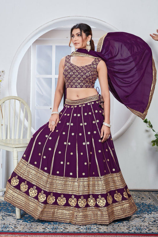 Wine Colour Embroidary Sequence Work Lehenga Choli For Women