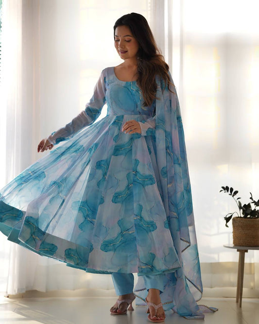 Digital Printed Organza Anarkali Dress  Fully Stiched