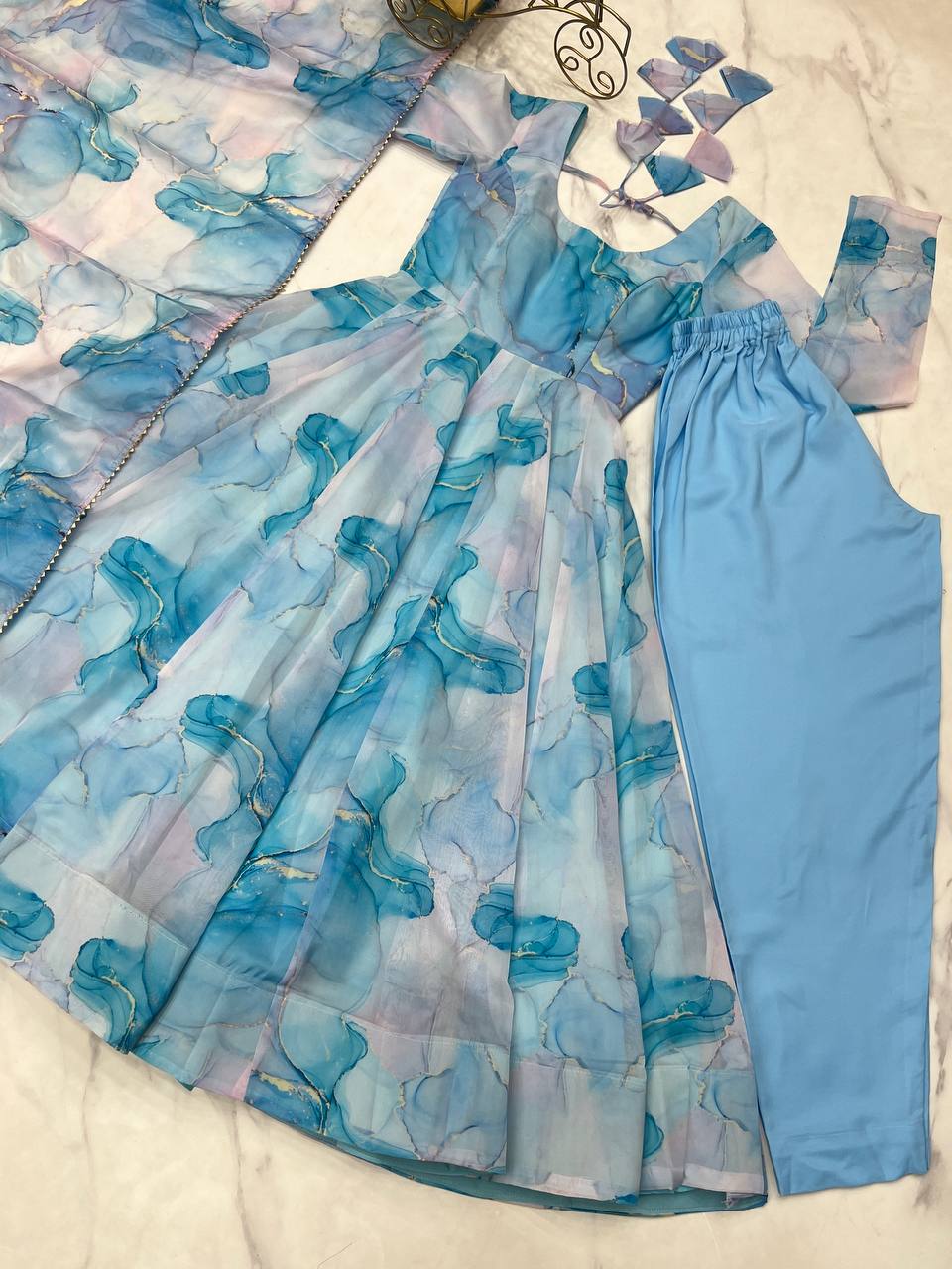 Digital Printed Organza Anarkali Dress  Fully Stiched