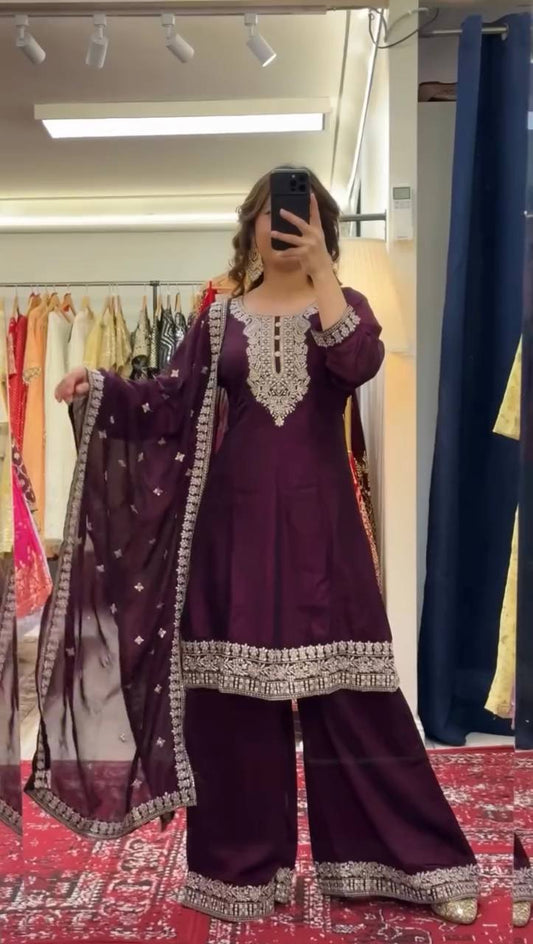 Wine Colour Chinon Silk Plazo Suit With Dupatta