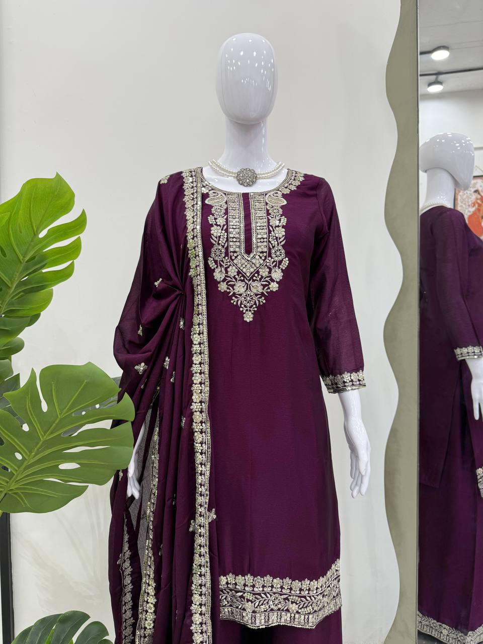 Wine Colour Chinon Silk Plazo Suit With Dupatta