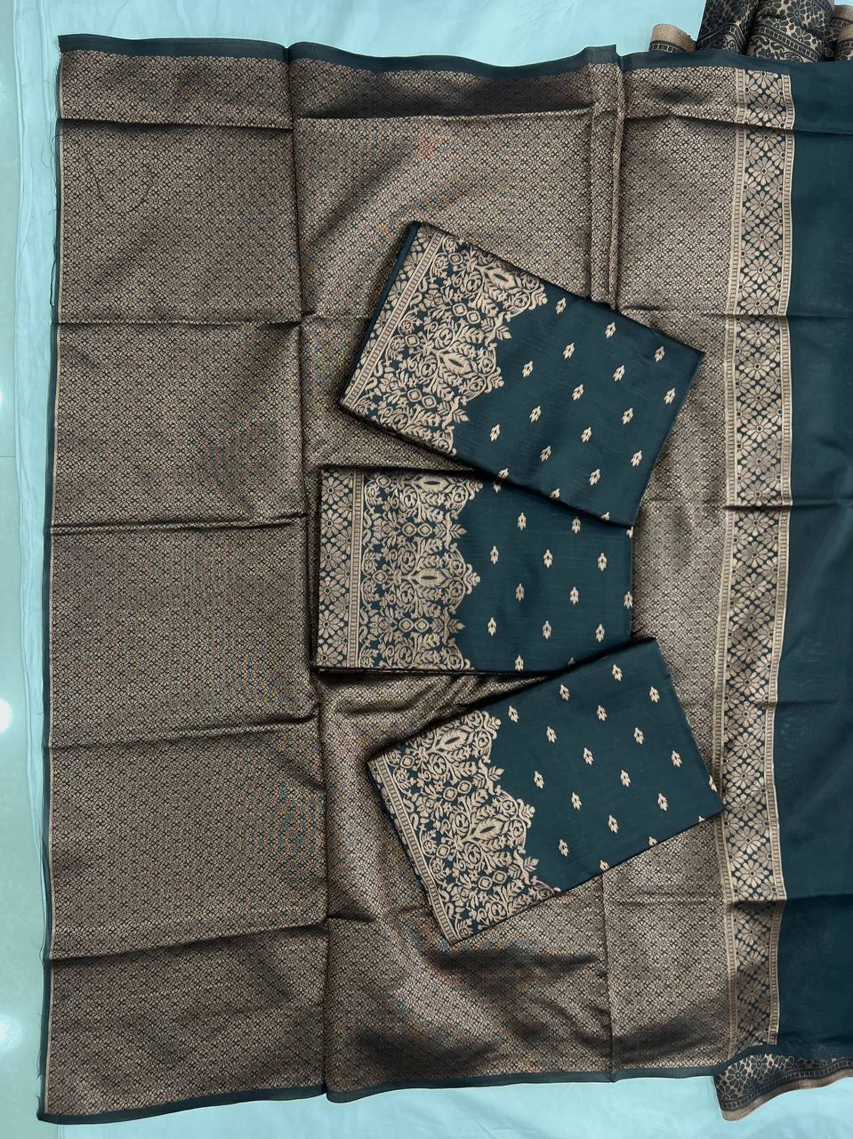 Soft Lichi Silk Dark Green Jacquard Weaving Saree With Contrast Blouse
