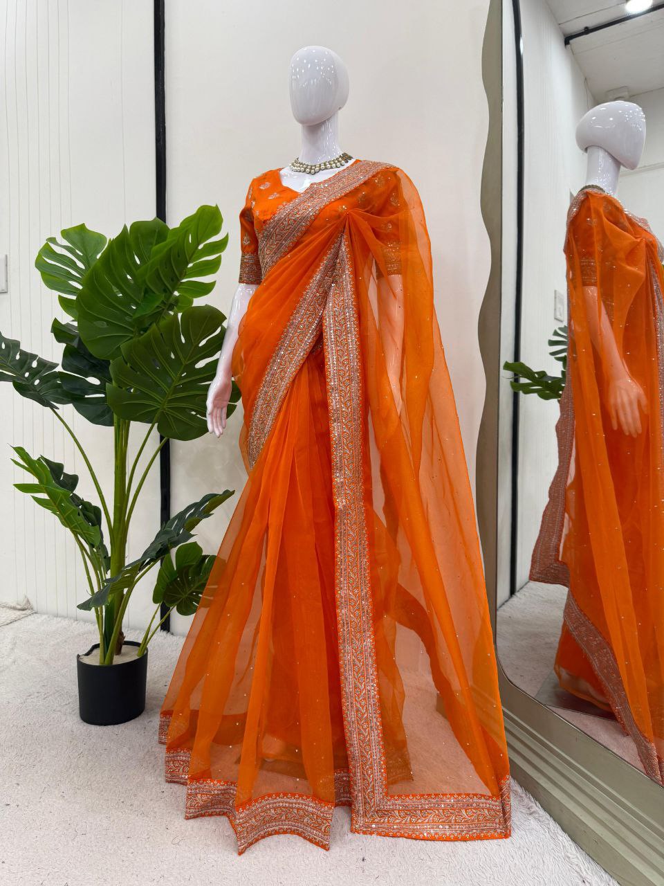 New Fenta Colour Heavy Daimond Work Organza Silk Saree With Silk Blouse And Fency Lace Border