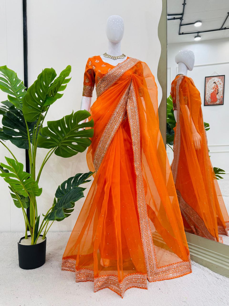 New Fenta Colour Heavy Daimond Work Organza Silk Saree With Silk Blouse And Fency Lace Border
