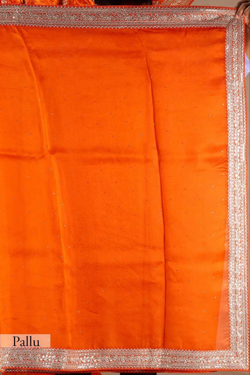 New Fenta Colour Heavy Daimond Work Organza Silk Saree With Silk Blouse And Fency Lace Border