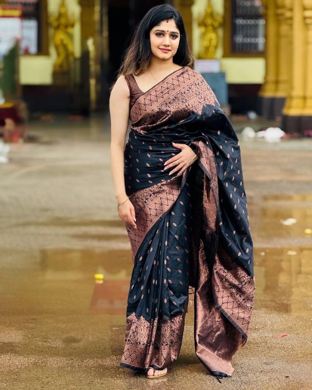 Soft Lichi Silk Dark Green Jacquard Weaving Saree With Contrast Blouse